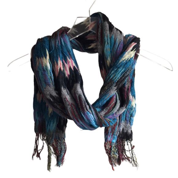 Blue Zig Zag Knit Scarf Fringed Marled Rectangular Wrap - Picture 14 of 14